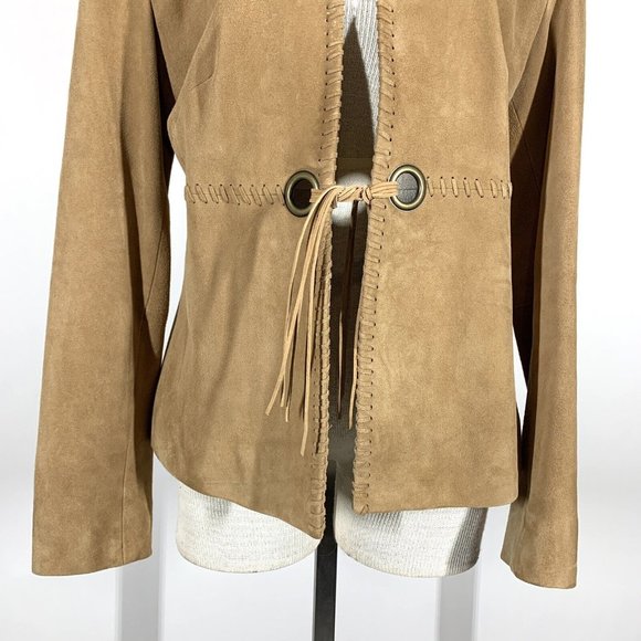 Michael Kors Tan Suede Leather Jacket Women’s Sz L Fringe - Picture 3 of 11